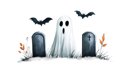 Halloween Ghost with Bats and Gravestones