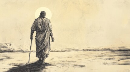 Balaam Walking Away into the Sunset, His Mission Completed, Biblical Illustration from Numbers, Balaam's Final Oracles, Beige Background, Ideal for Religious Education and Worship Materials