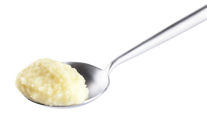 Wall Mural - Spoon with mashed potatoes isolated on white background. With clipping path.