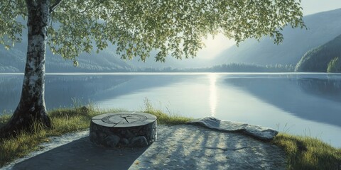 Wall Mural - Clock on a stump near a lake and mountains.