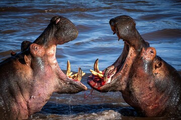 Two hippos showcasing their massive mouths in the water