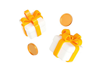 3d white gift box with yellow ribbon and flying gold coins. stock vector illustration on isolated ba