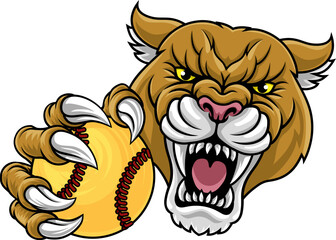 Sticker - Cougar, panther, mountain lion or puma wildcat cat softball sports team mascot holding a ball