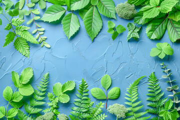 Fresh green leaves bordering textured blue background with copy space