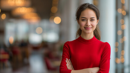 Confident young woman in a red dress smiling indoors with bokeh lights