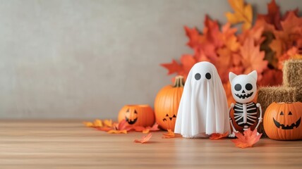 Cat dressed as a ghost and a dog as a skeleton, sitting among seasonal decorations like carved pumpkins, autumn leaves, and hay bales