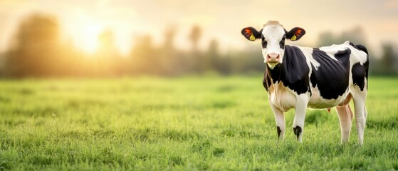 A serene cow stands gracefully in a lush green pasture, basking in the golden glow of the sunset.