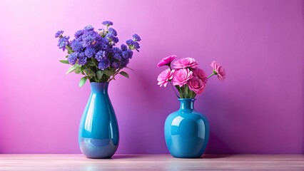 Blue vase with purple flowers on pink table against pink wall, mirrored by another blue vase with purple flowers