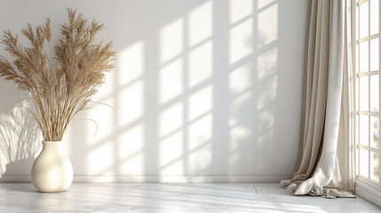 Wall Mural - Minimalist interior with dry plants in white vases and sunlight through window