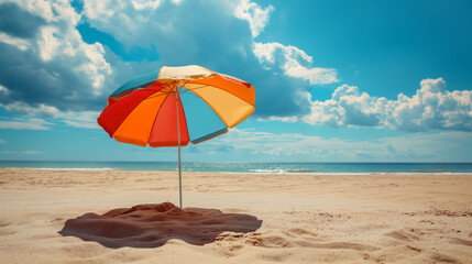 Colorful beach umbrella casting shade on a sunny sandy beach