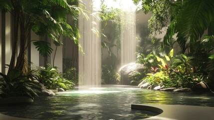 Indoor Oasis with Two Waterfalls and Lush Greenery