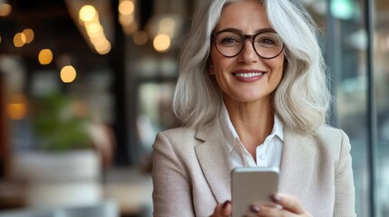 Canvas Print - Professional Businesswoman Smiling at Camera in Modern Restaurant