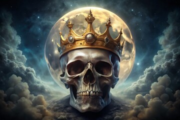 A regal skull adorned with a tarnished golden crown, its empty eye sockets gazing upwards, surrounded by a halo of eerie moonlight.