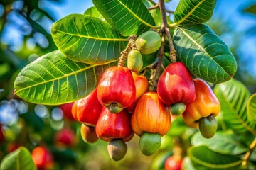 Wall Mural - Tall and majestic, the cashew tree stands proud in the tropical setting, its vibrant leaves and vibrant cashew apples bursting with juicy sweetness.