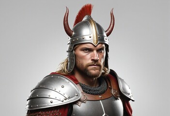 Portrait of medieval Scandinavian or Viking warrior with armor and helmet costume 