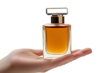 A hand holding pure bottle of perfume, Mock up perfume bottle isolated on white background