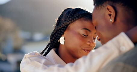 Wall Mural - Happy, love and dancing with black couple and hug in backyard for romance, date and relationship. Marriage, embrace and anniversary with African man and woman bonding for relax, peace and calm