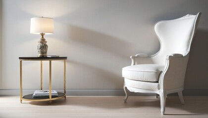 Wall Mural - Side view of upholstery white armchair with ottoman, interior design