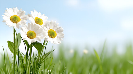 Wall Mural - Daisies blooming in a lush green meadow under a clear blue sky during a sunny day in early spring season