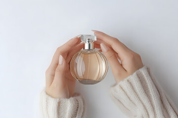 Top view woman's hands holding clear bottle of perfume, Mock up perfume fragrance bottle isolated on background