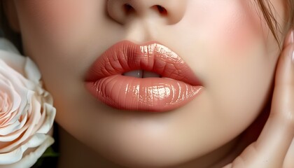 close-up of natural rose lip gloss on plump lips, showcasing subtle beauty and feminine elegance in 