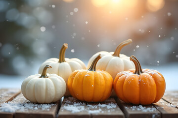 wooden table with white and yellow pumpkins, natural bokeh background