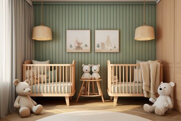 Wall Mural - Cozy nursery twins crib room.