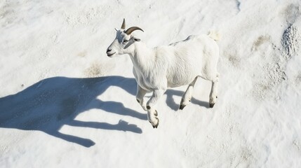 Wall Mural - White Goat Walking on Snow with Shadow