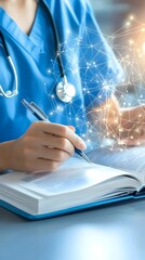 Wall Mural - Doctor Studying Medical Textbook with Digital Network Overlay.