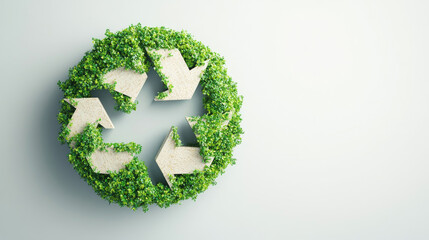 Eco friendly circular economy symbols made of green foliage and arrows represent sustainability and environmental awareness. This image emphasizes importance of recycling and nature