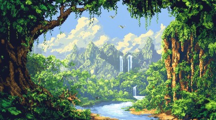 8-bit jungle landscape with pixelated animals, vines, and a river flowing through, reminiscent of retro adventure games