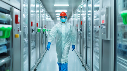 A worker in protective gear walks through cold storage facility, surrounded by frosted shelving units. environment is sterile and organized, emphasizing safety and efficiency