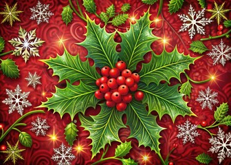 Wall Mural - Vibrant festive holly and mistletoe intertwine with glittering snowflakes and intricate ornate patterns on a rich red velvet background, perfect for holiday designs and festive layouts.