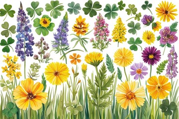 Wall Mural - Vibrant Meadow Flower Watercolor Clipart Collection with Clover and Bright Yellow Blooms