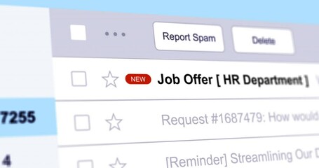 Incoming email with Job Offer , new e-mail in inbox folder with hire notification, webmail interface close up footage