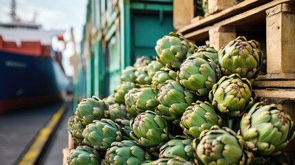 Sticker - Fresh artichokes neatly arranged near a cargo ship, emphasizing the global logistics of food distribution and export markets