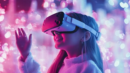 A young girl wearing a VR headset smiles as she experiences the virtual world, surrounded by vibrant light bokeh.