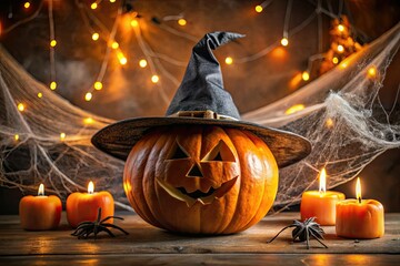 Vibrant orange pumpkin adorned with a spooky banner featuring a witch's hat and cobwebs, set against a dark background with eerie candlelight illumination.