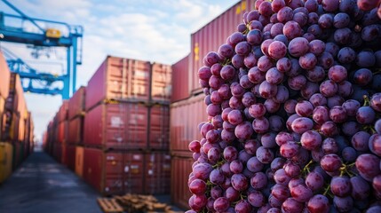 Wall Mural - Grapes stacked next to containers at a port, poised for export to international markets, showcasing global food distribution