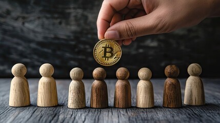 Person holding a Bitcoin in hand over small wooden figures, symbolizing blockchain technology, cryptocurrency knowledge