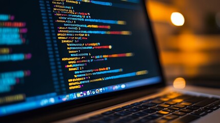 secure code development software programming on laptop screen with colorful code in focus