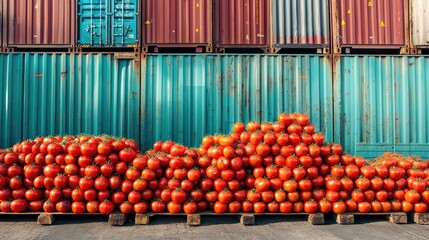 Canvas Print - Tomatoes neatly arranged next to a cargo ship at a port, prepared for export to international markets, highlighting the global food