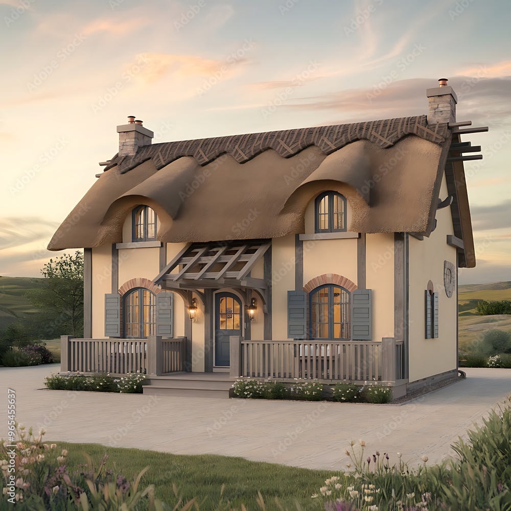 Generate an image of a quaint, charming cottage with a thatched roof ...