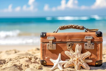 A vintage suitcase rests on a sandy beach next to two starfish with a beautiful ocean backdrop, representing travel and adventure in a serene and picturesque setting.