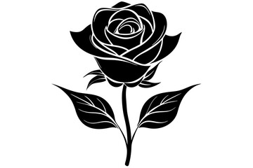 Wall Mural - A black and white silhouette of a rose, with a single stem and leaves vector art illustration