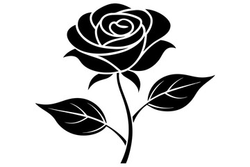 Wall Mural - A black and white silhouette of a rose, with a single stem and leaves vector art illustration