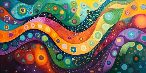 Wall Mural - Abstract colorful painting of circles and waves.