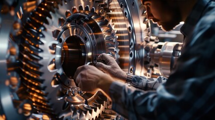 A Portrait of Engineer inspects engine gear wheel, industrial background.