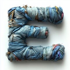 Sticker - A Fabric Letter E Constructed From Scraps of Blue and Multicolored Textile