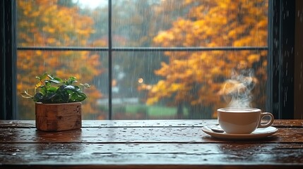 rustic wooden farmhouse table with a steaming cup of coffee, rain gently falling outside the large w